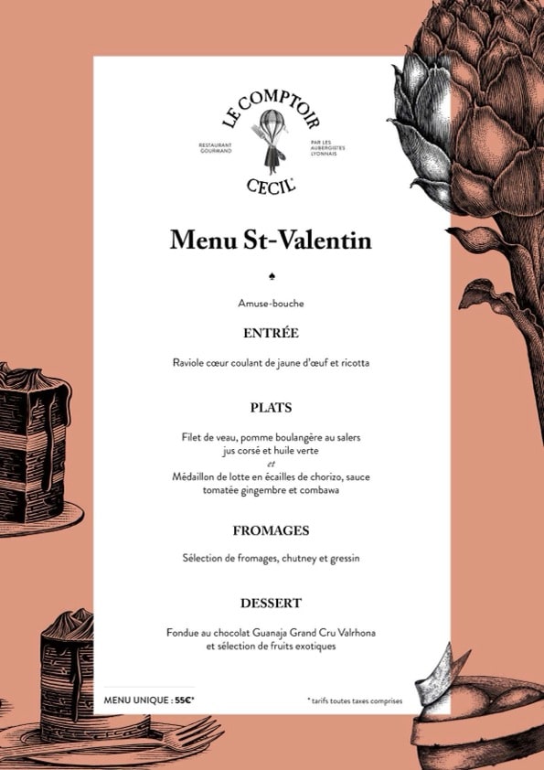 menu de la saint-valentin au restaurant à lyon le Comptoir Cecil